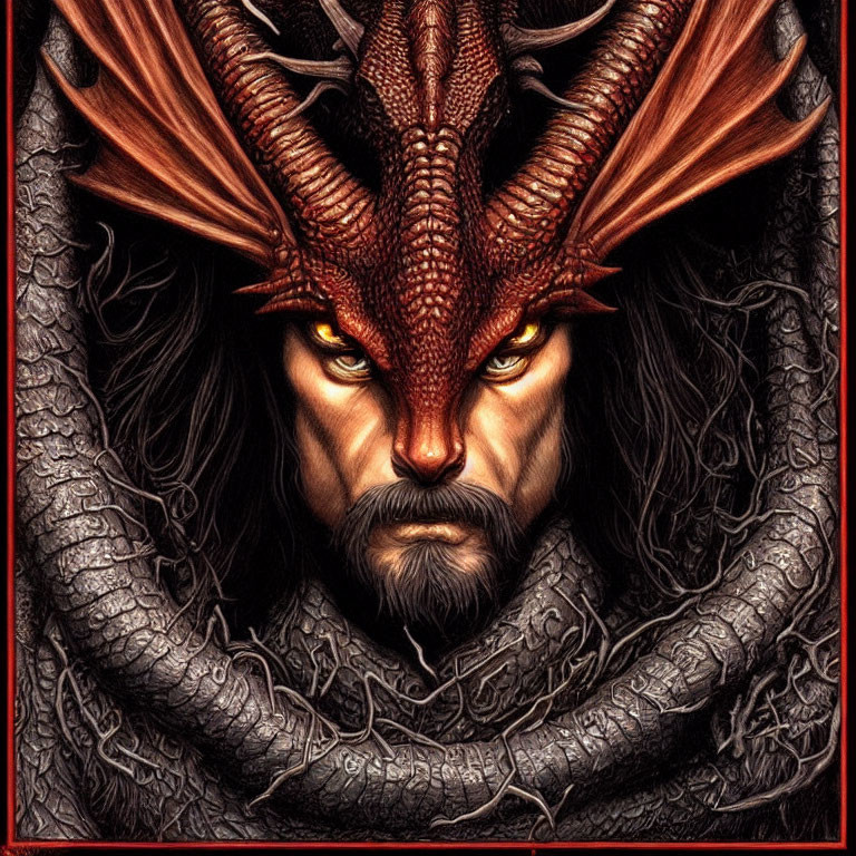 Intense-eyed person framed by red dragon with arcing horns and dark attire