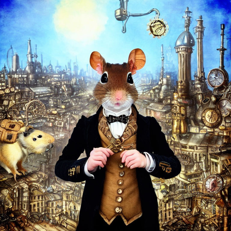 Victorian Outfit Anthropomorphic Mouse with Smaller Mouse in Steampunk Cityscape