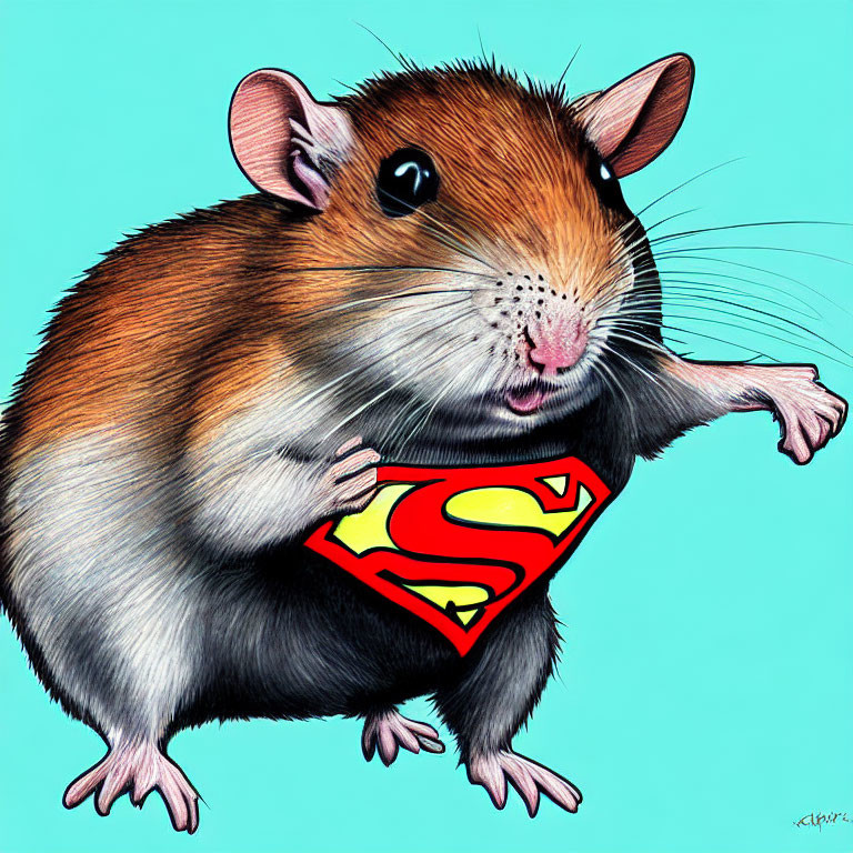 Hamster illustration with Superman logo on chest, posing heroically on turquoise background