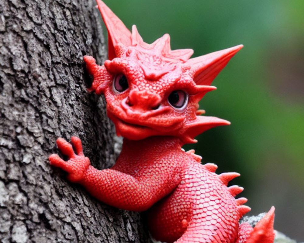 Detailed Red Dragon Figurine Clinging to Tree Trunk