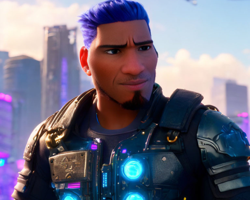 Blue-haired 3D animated character in futuristic armor against cityscape