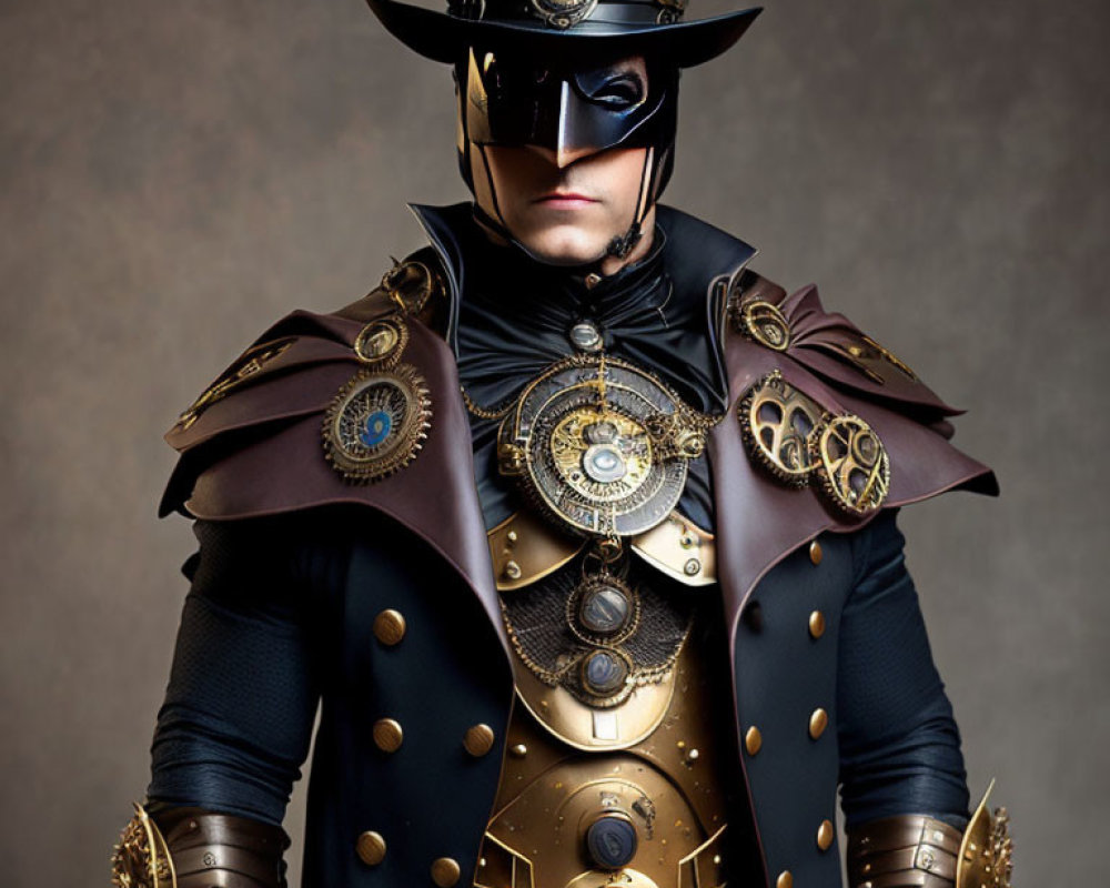 Steampunk costume with top hat, goggles, and metallic jacket