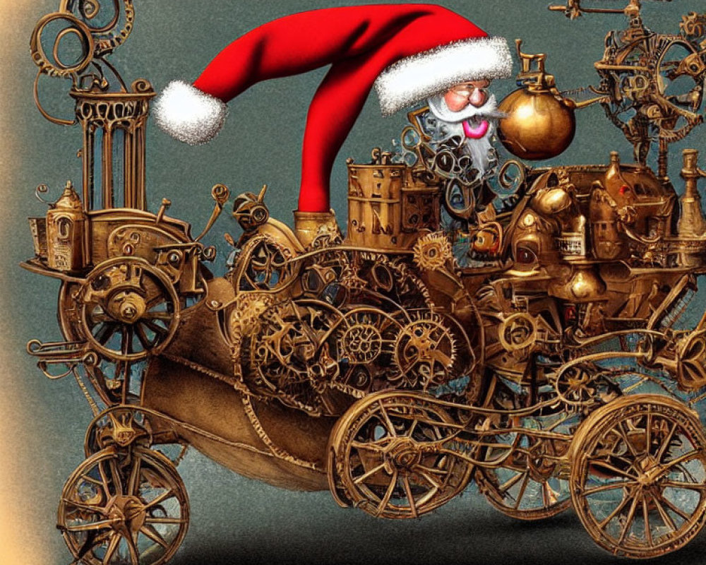 Steampunk-style machine with Santa hat on textured sepia background