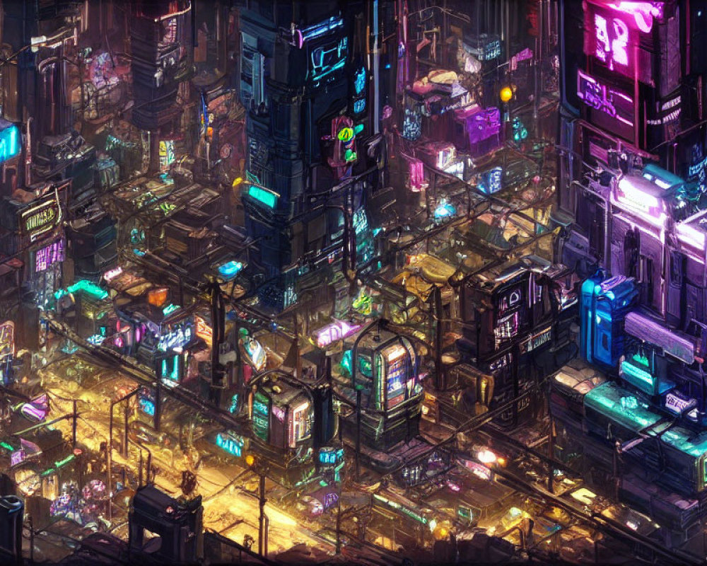 Neon-lit cyberpunk cityscape with glowing high-rises