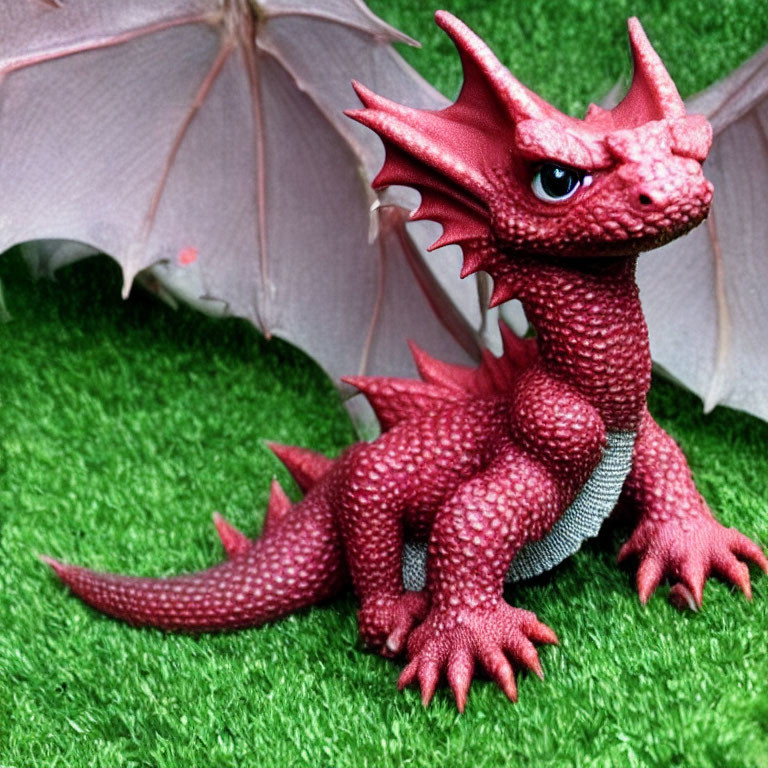 Red Dragon Figurine with Spread Wings on Green Grass Displaying Detailed Scales