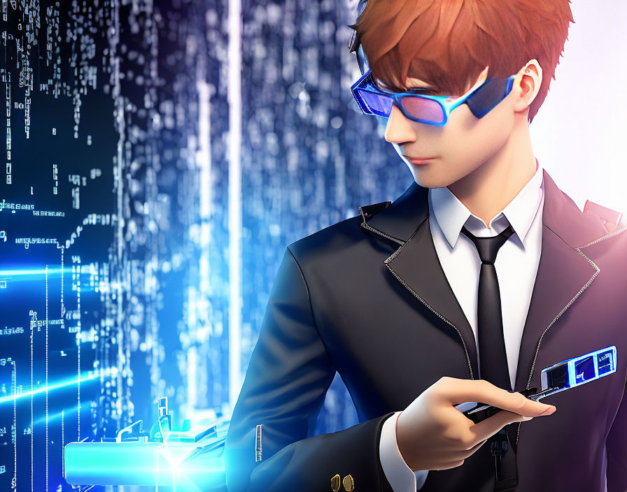 Man with Glasses Engaging with Futuristic Holographic Interfaces