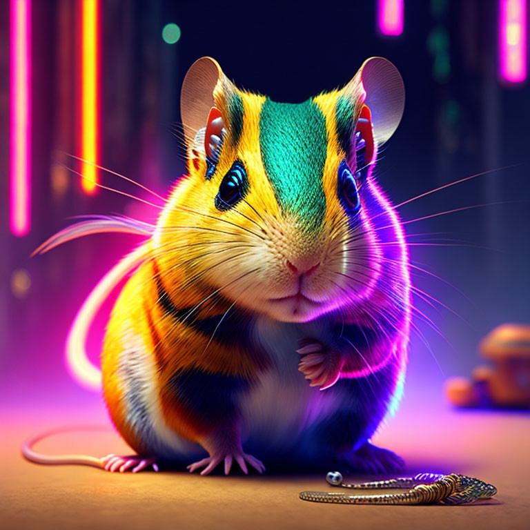 Vibrant anthropomorphic mouse in neon-lit urban scene