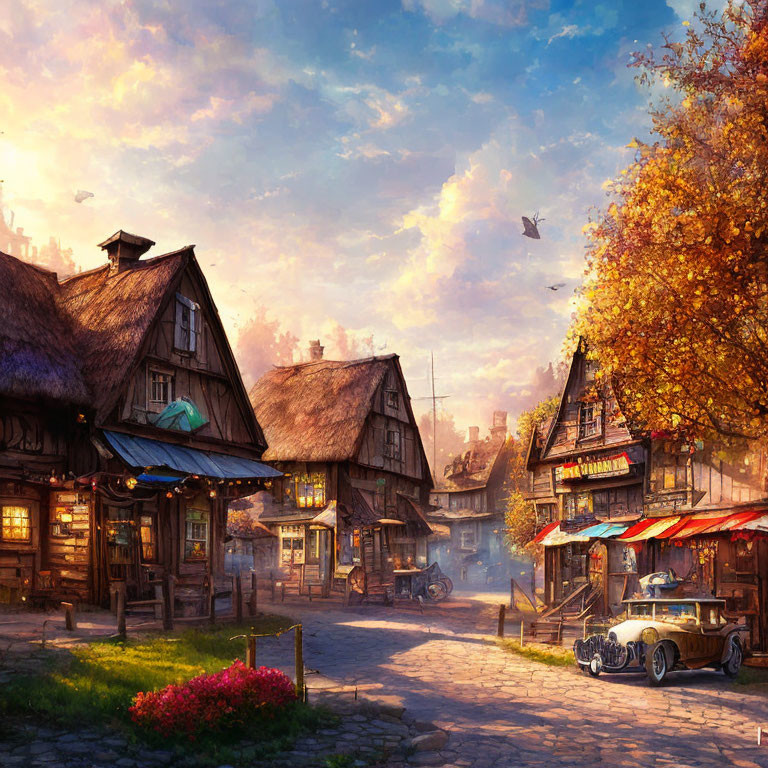 Picturesque village street: rustic houses, autumn trees, cobblestone road, vintage car