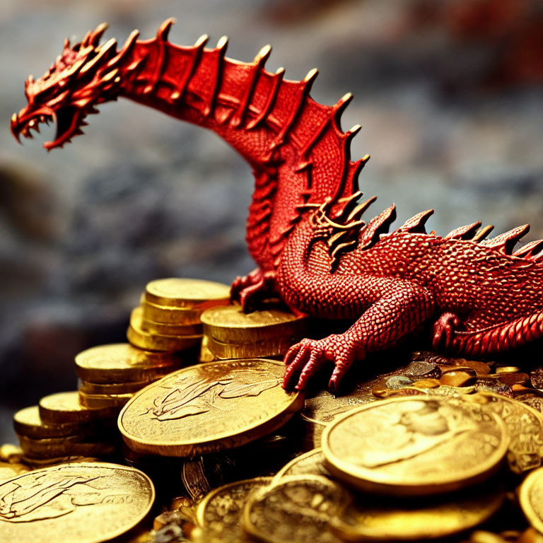 Red Dragon Figurine on Pile of Golden Coins