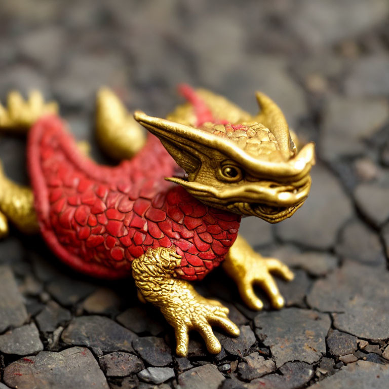 Small Ornate Golden and Red Dragon Figurine on Dark Stone Surface