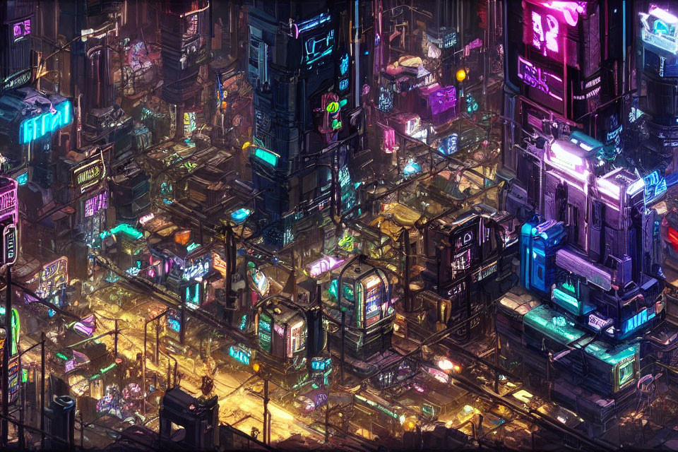 Neon-lit cyberpunk cityscape with glowing high-rises