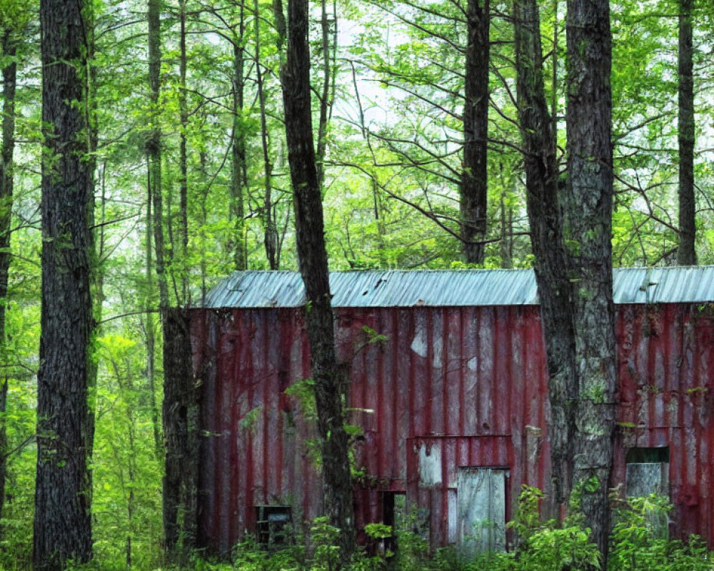 Rusty red barn in dense green forest landscape