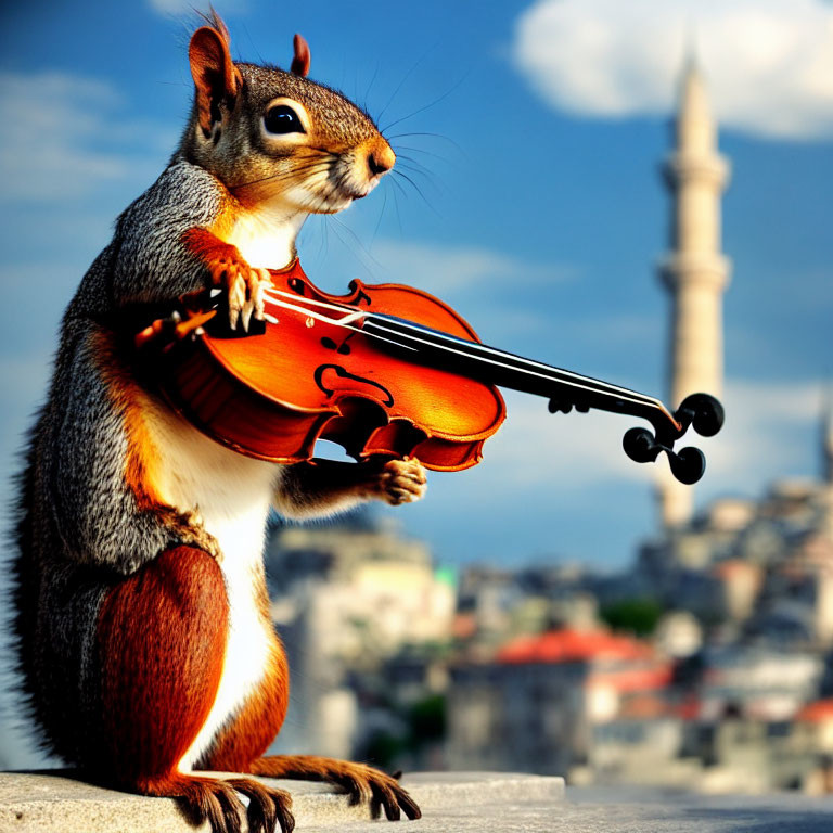 Squirrel playing violin in cityscape with mosque background