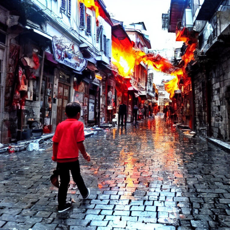 Child in Red Shirt Walking on Wet Cobblestone Street Among Old Buildings with Red Flame-like Decorations