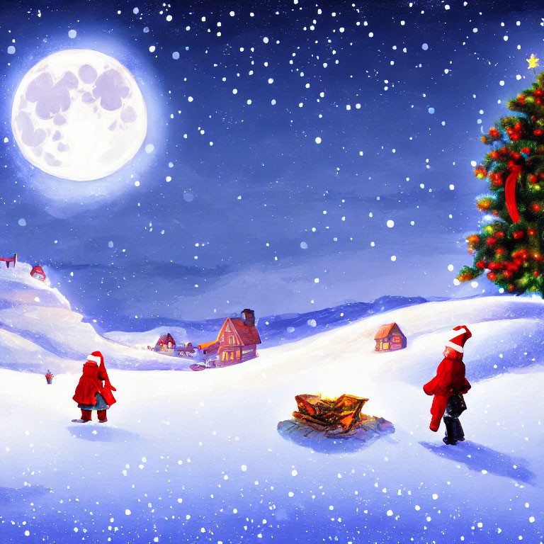 Winter night scene: Santa-clad figures near lit Christmas tree under full moon