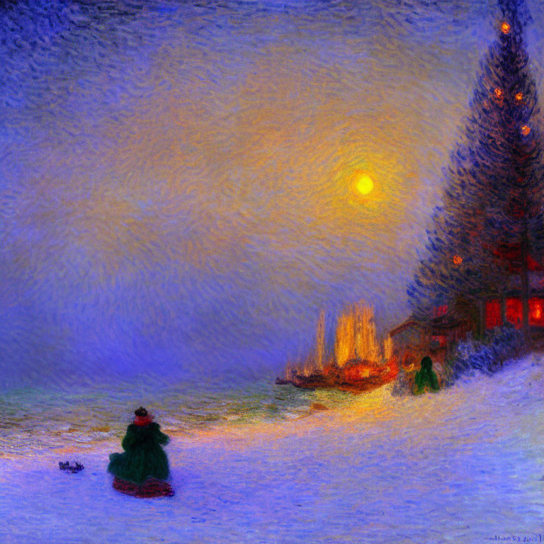 Winter Dusk Scene: Sun, Figures, Sled, Lit Trees, Cozy Cottage