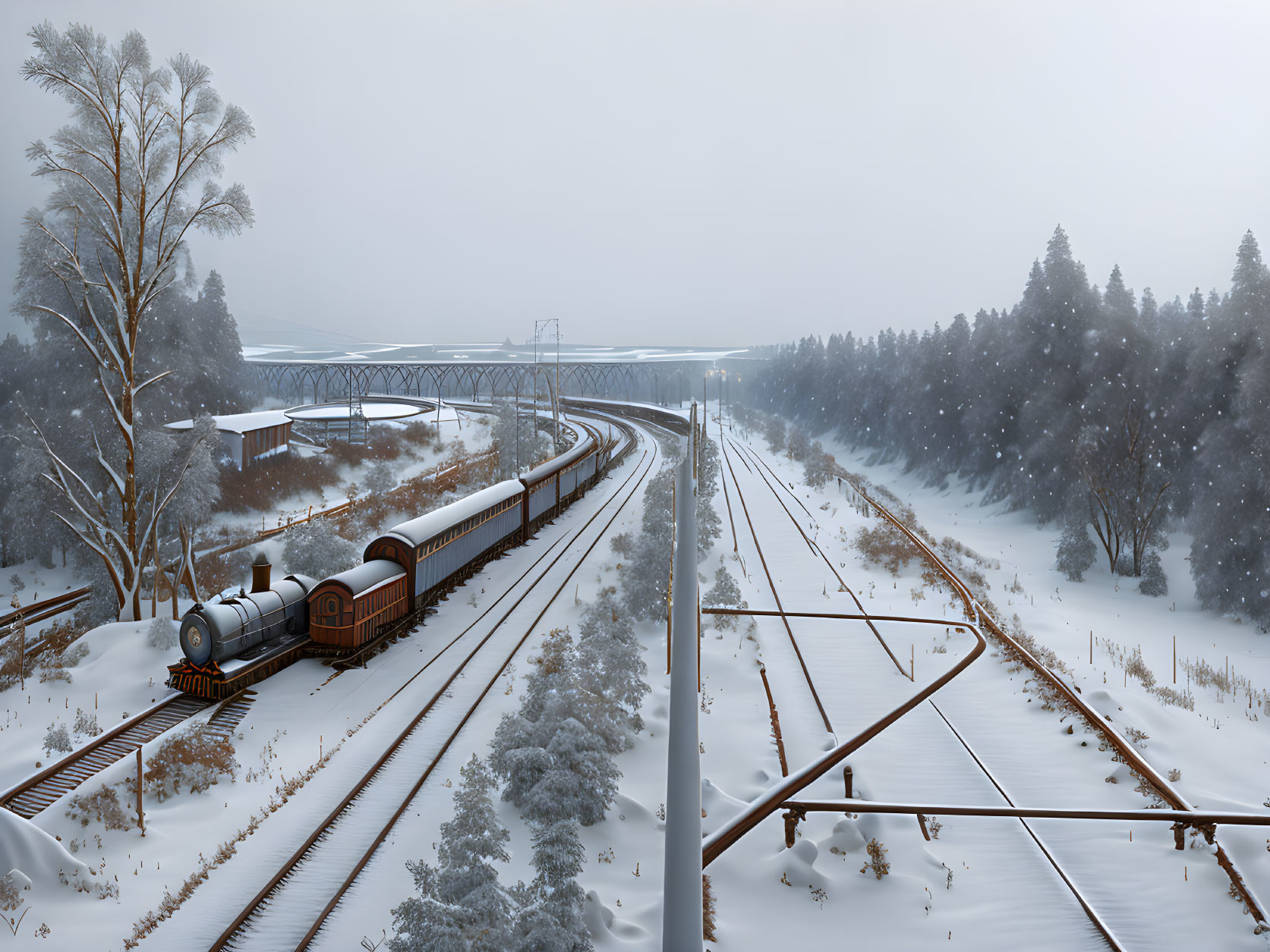 Vintage steam train in snowy landscape with railway tracks, bridge, trees, and cloudy sky