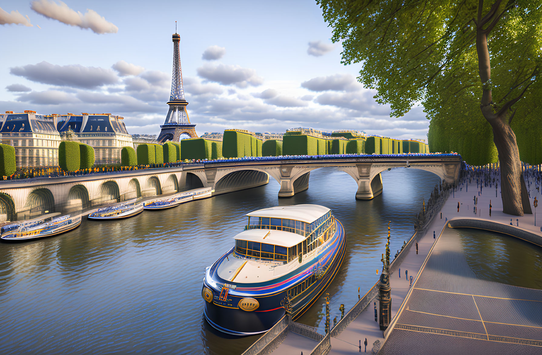 Sunny Paris Day: Eiffel Tower, Seine River Boat, Tourists