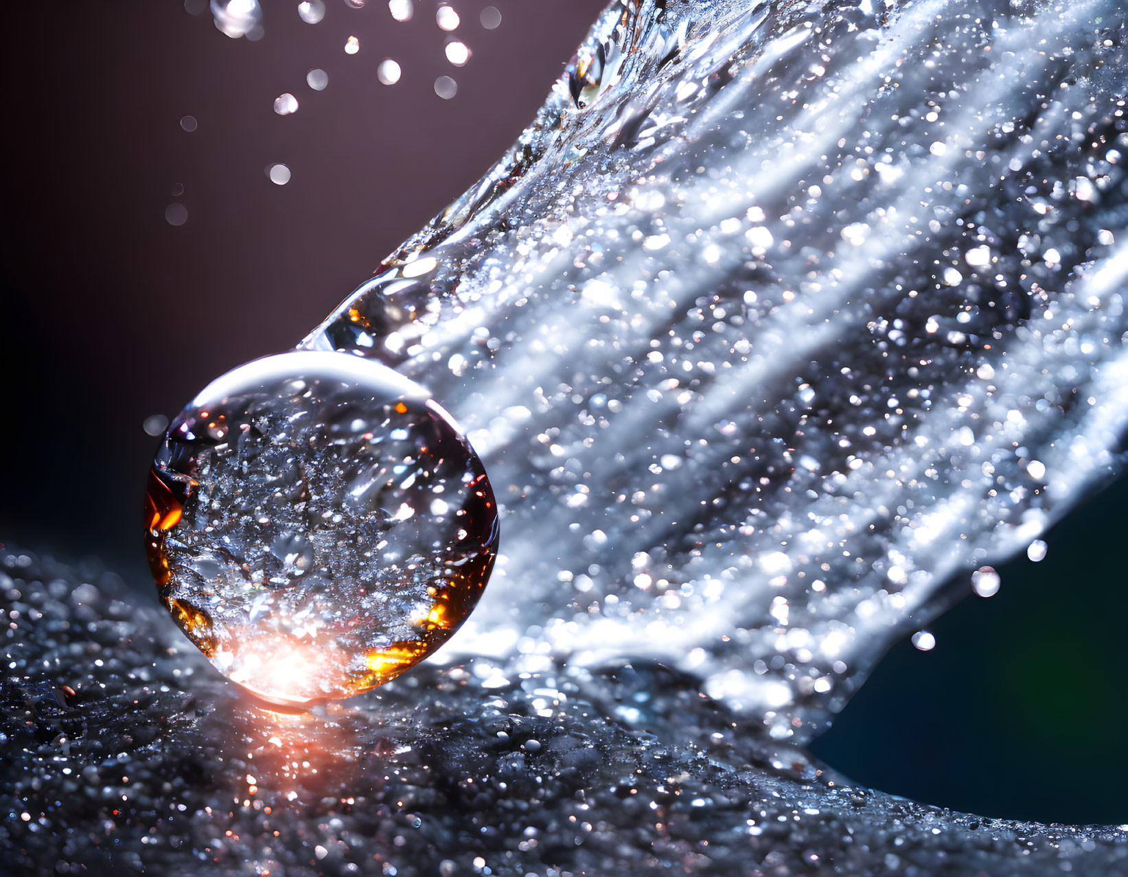 Transparent crystal ball with water droplets, bokeh effect, and warm light glare.