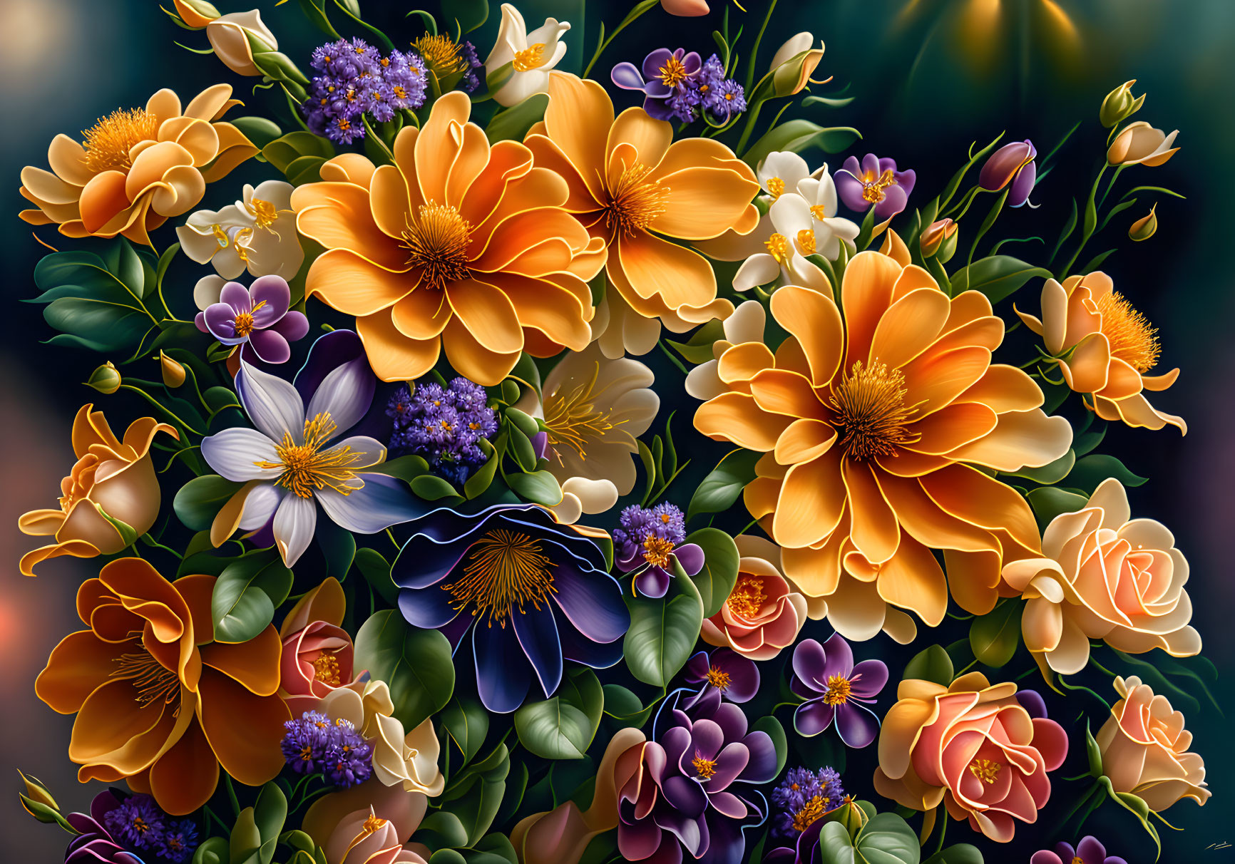 Colorful Illustrated Flower Bouquet with Vibrant Shades of Oranges, Yellows, Purp