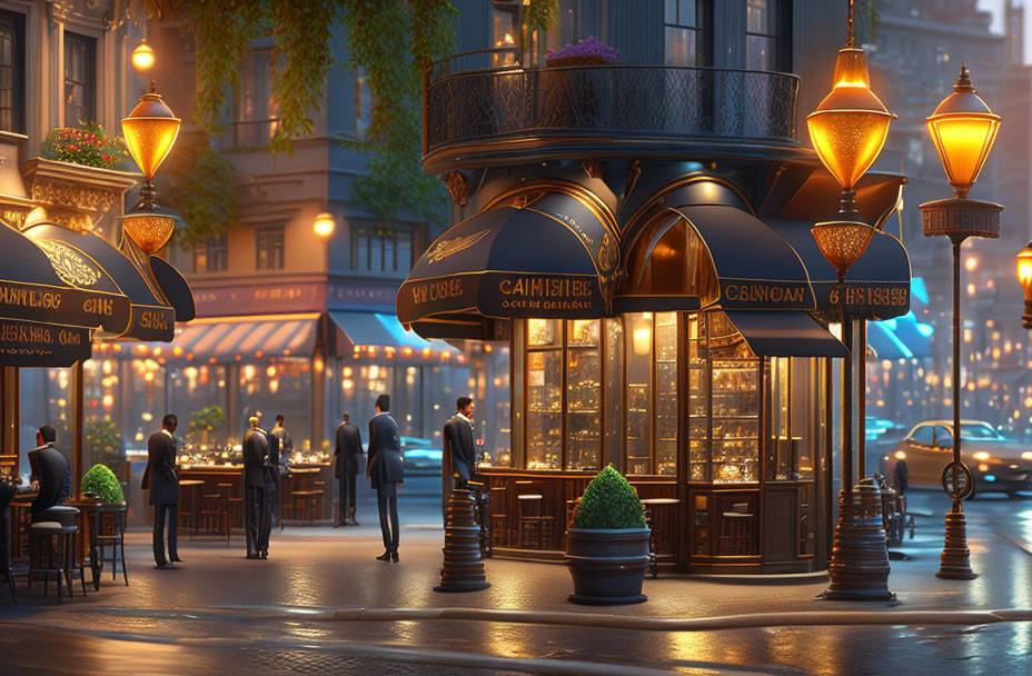 Warmly lit cafe and vintage lamps on elegant street corner at dusk