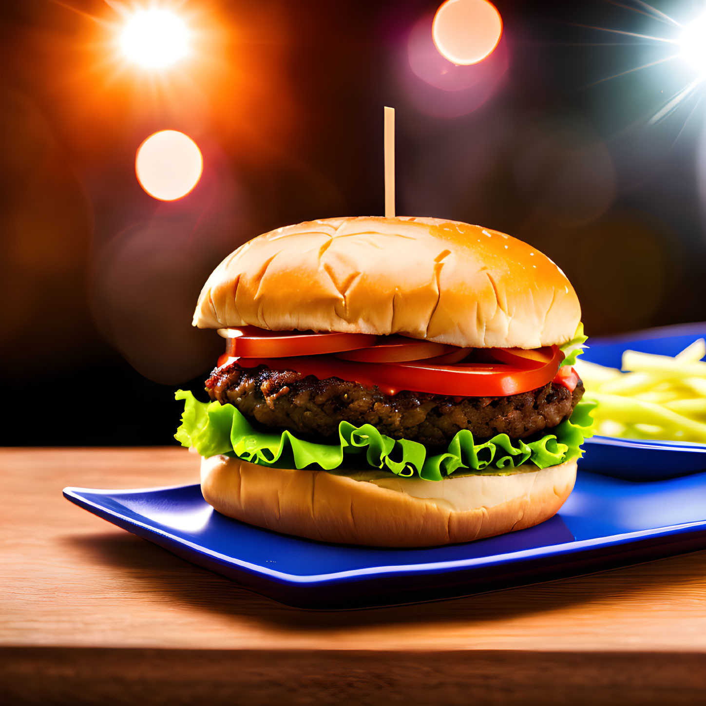 Classic Beef Burger with Lettuce, Tomato, Cheese, and Fries on Blue Plate