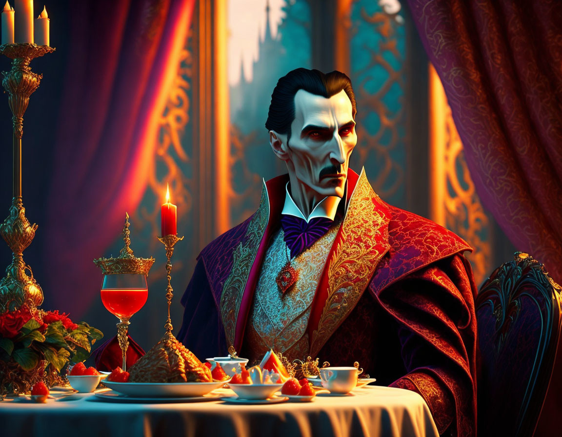 Illustration of vampire lord at elegant dinner table with goblet and candles