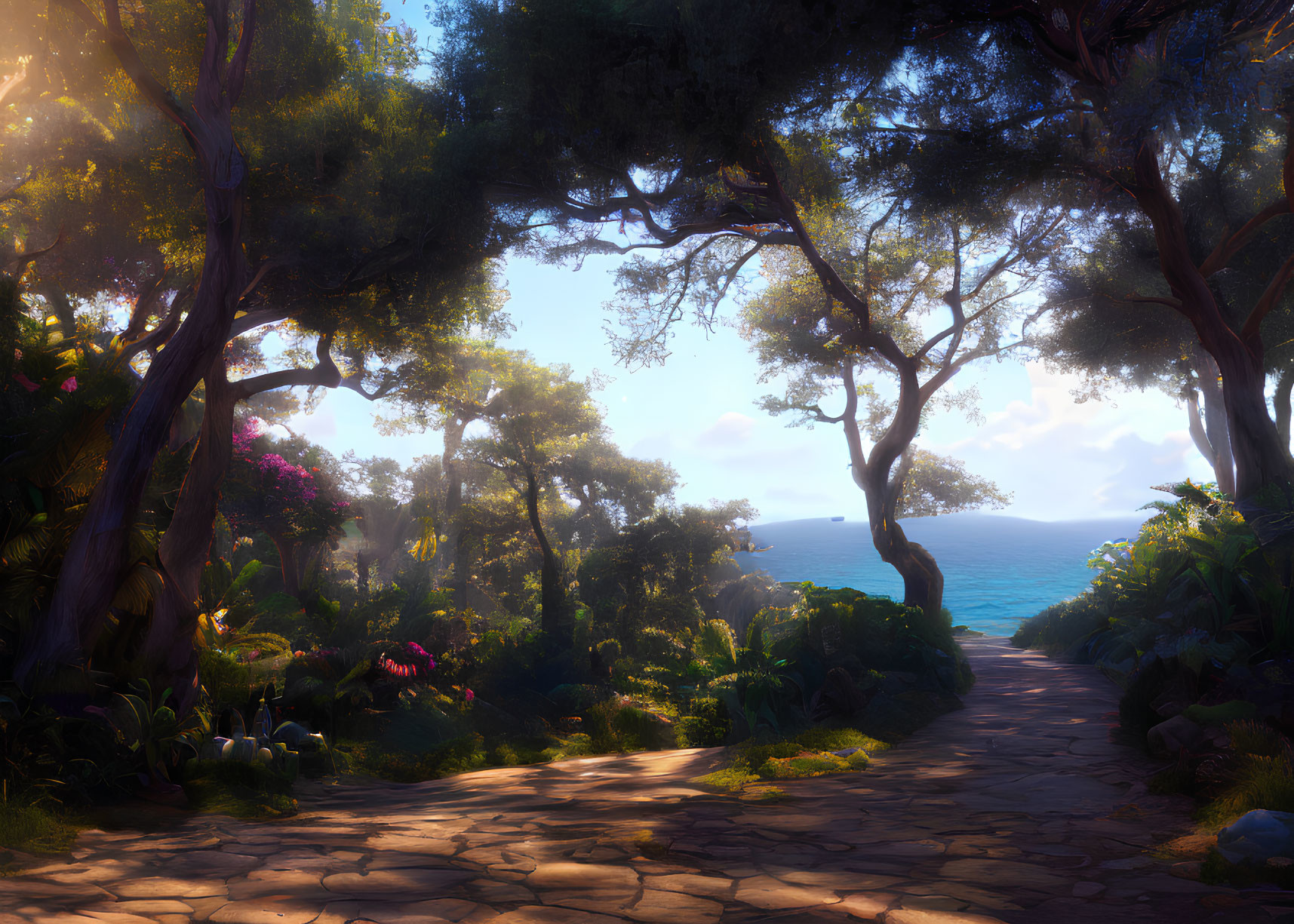 Tranquil Pathway with Lush Trees and Ocean View