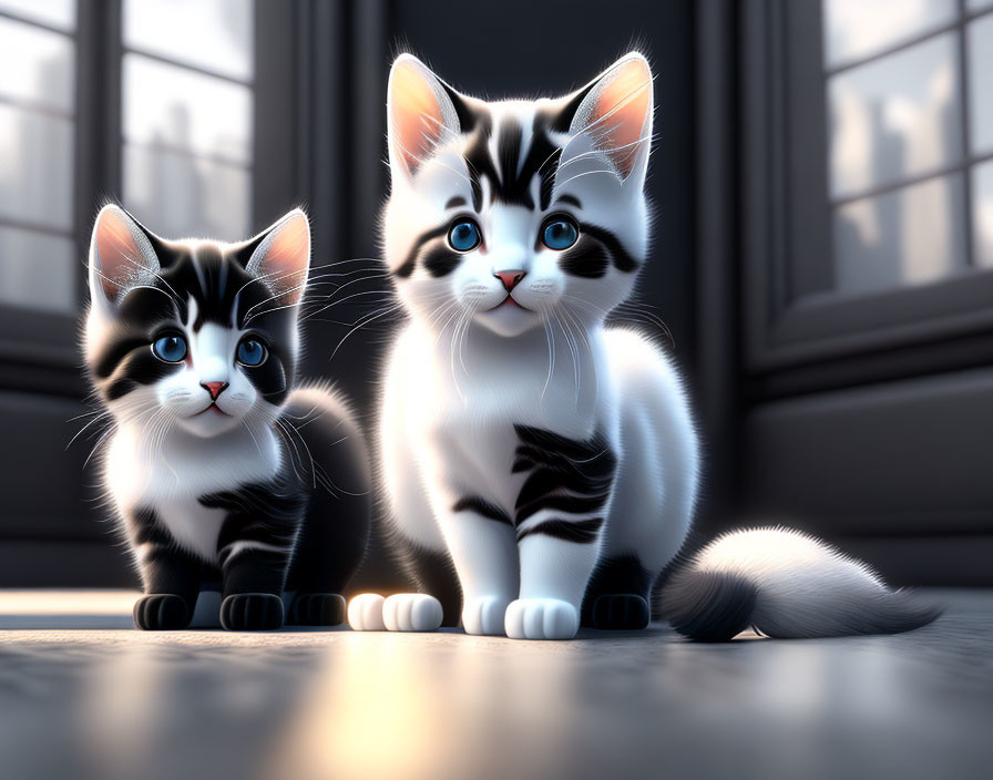 Two unique animated kittens with striking fur patterns under window light