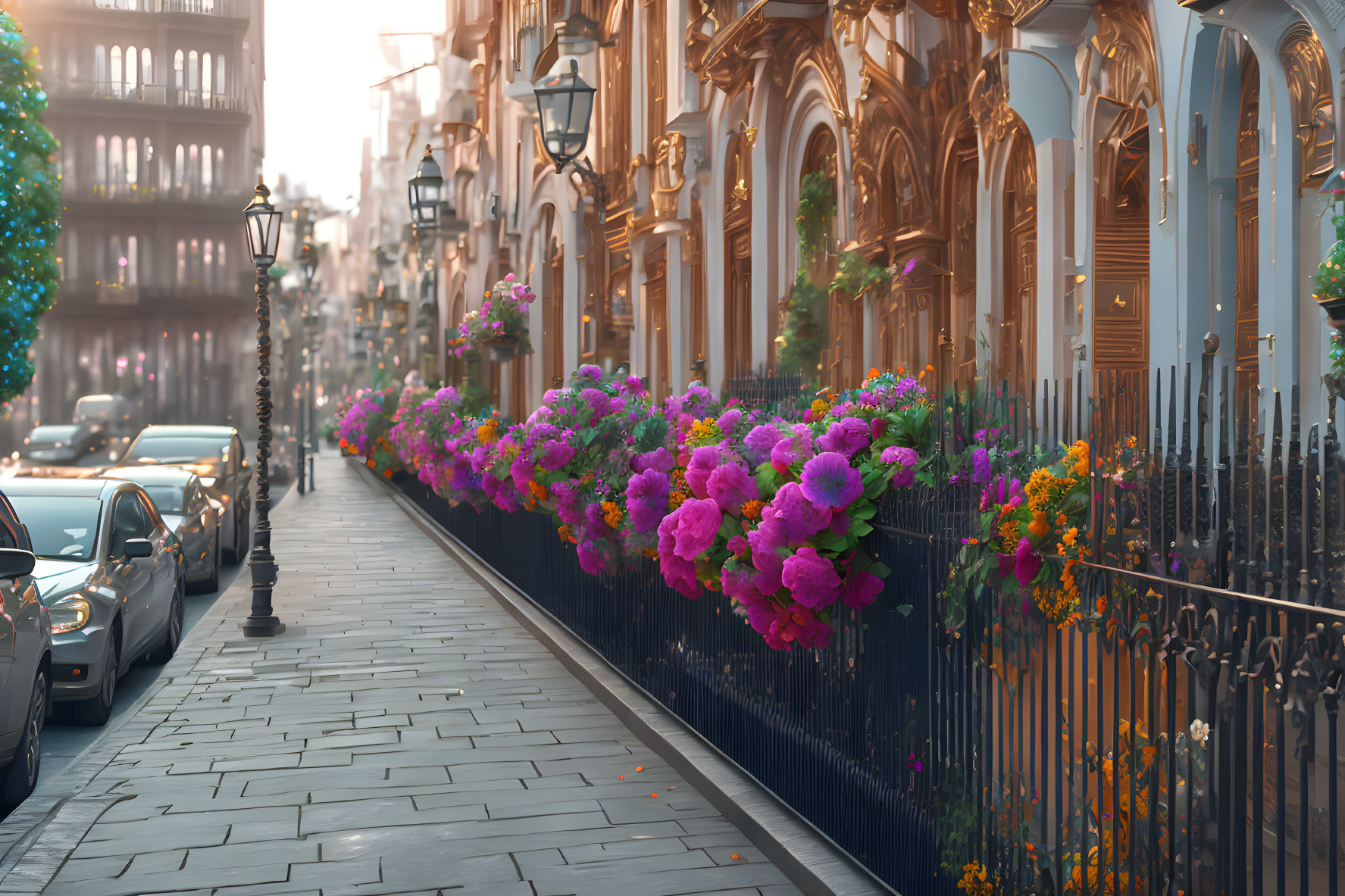 Vibrant flower arrangements adorn city street with soft glow of street lamps