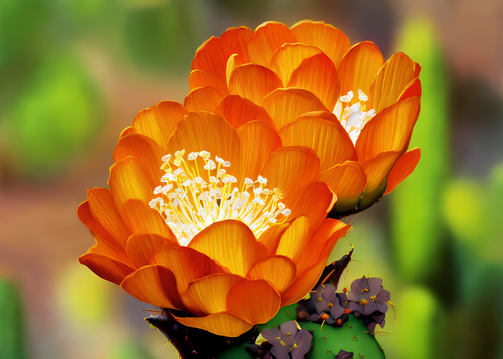 Blooming orange cactus flowers with white stamens on green backdrop