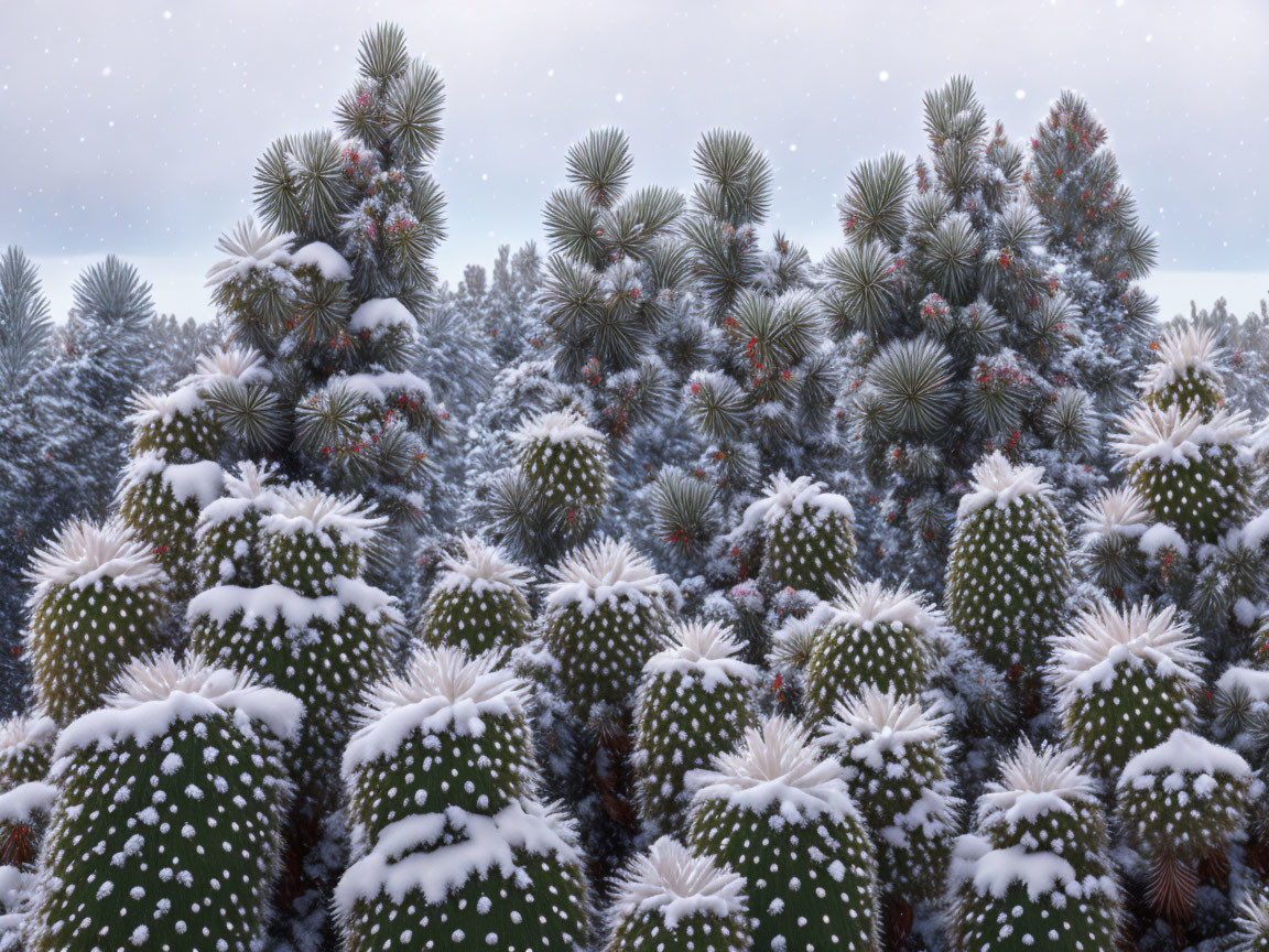 Snow-covered cacti and frosty pine trees under cloudy sky in rare wintery desert scene