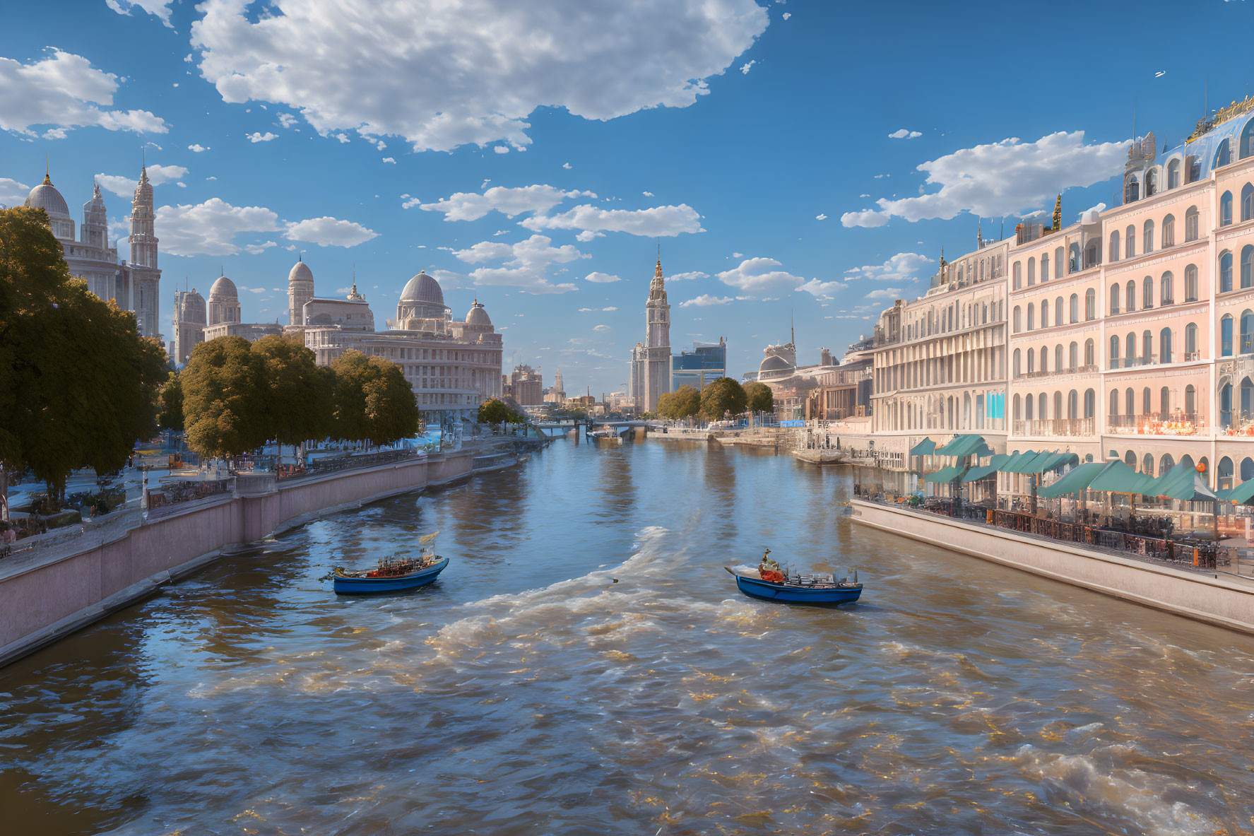 Historic city river scene with two boats under cloudy sky