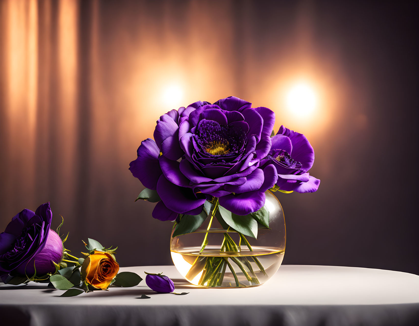 Purple and Orange Flowers in Glass Vase on Table with Curtain Backdrop