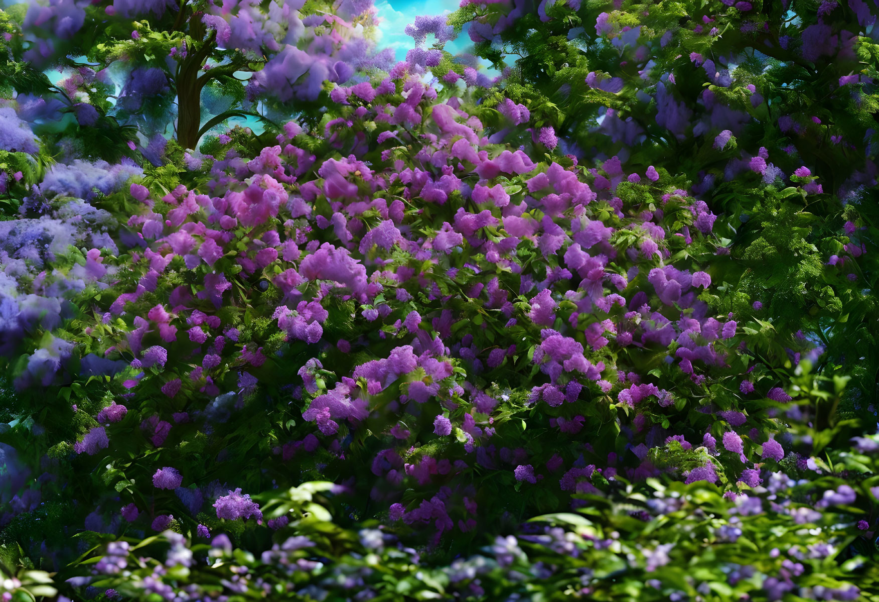 Vibrant purple flowers in lush garden with green foliage