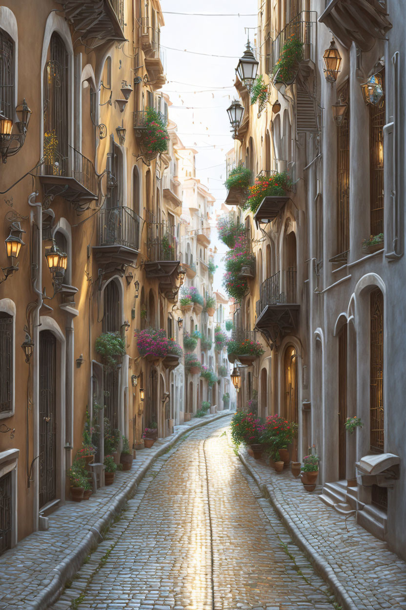 Traditional European cobblestone street with balconies and hanging plants at dusk