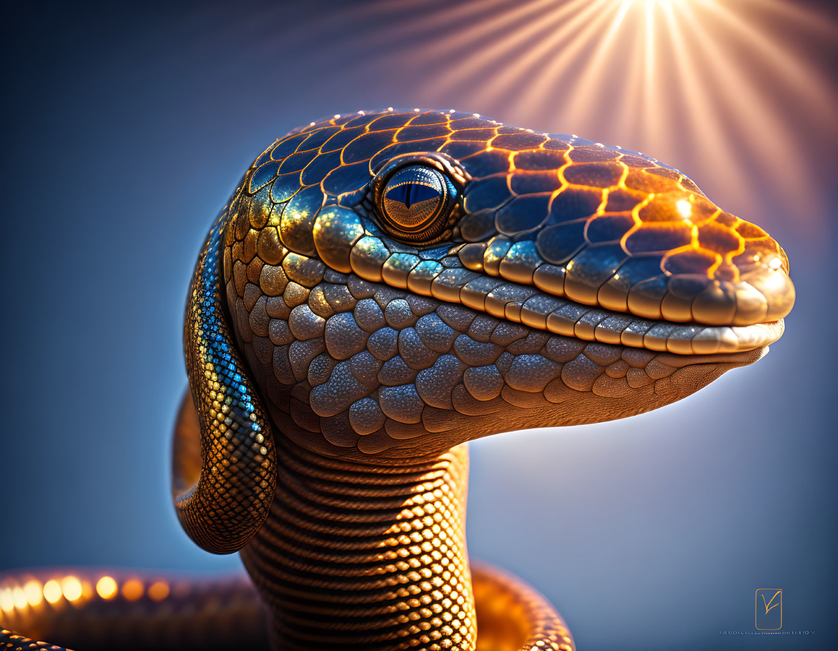 Detailed 3D-rendered lizard with shimmering scales on sunburst backdrop