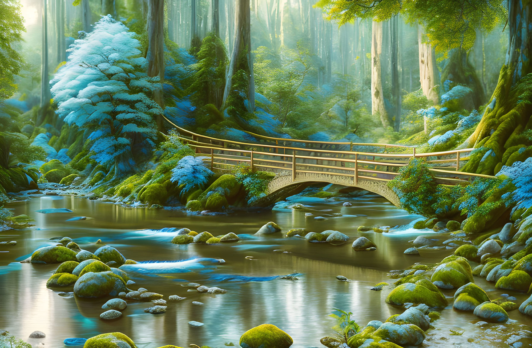 Tranquil forest landscape with frosted trees, calm river, moss-covered rocks, and wooden bridge