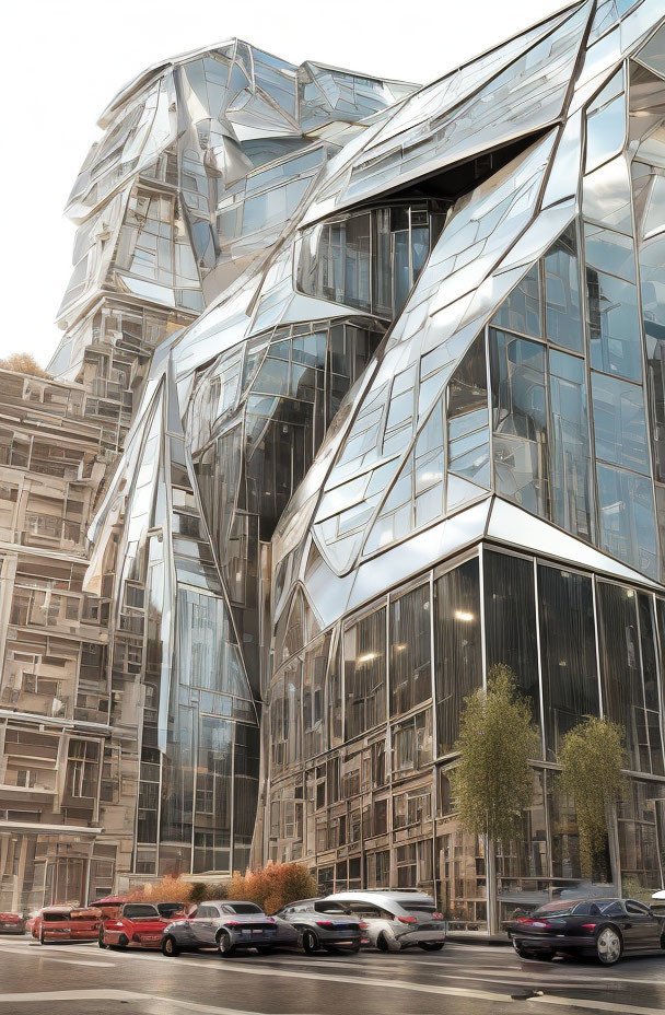 Reflective glass building among traditional architecture with parked cars.