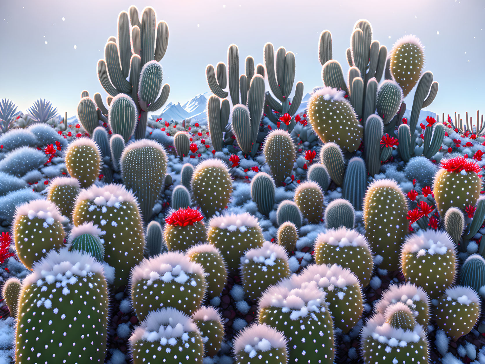 Digital illustration: Snow-covered cacti in mountain landscape