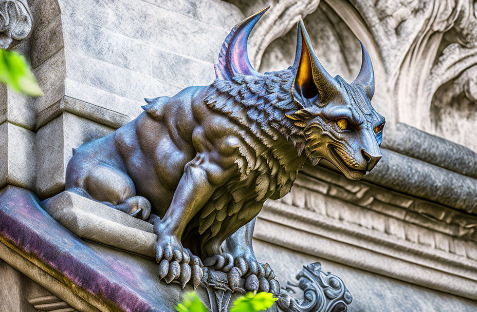 Mythical gargoyle statue with menacing expression and detailed wings