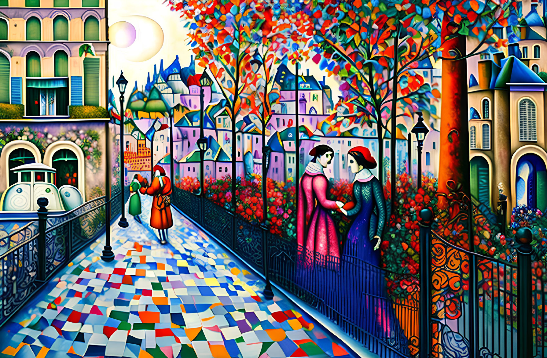 Colorful whimsical painting of couple embracing on vibrant street with mosaic tiles, trees with autumn leaves,