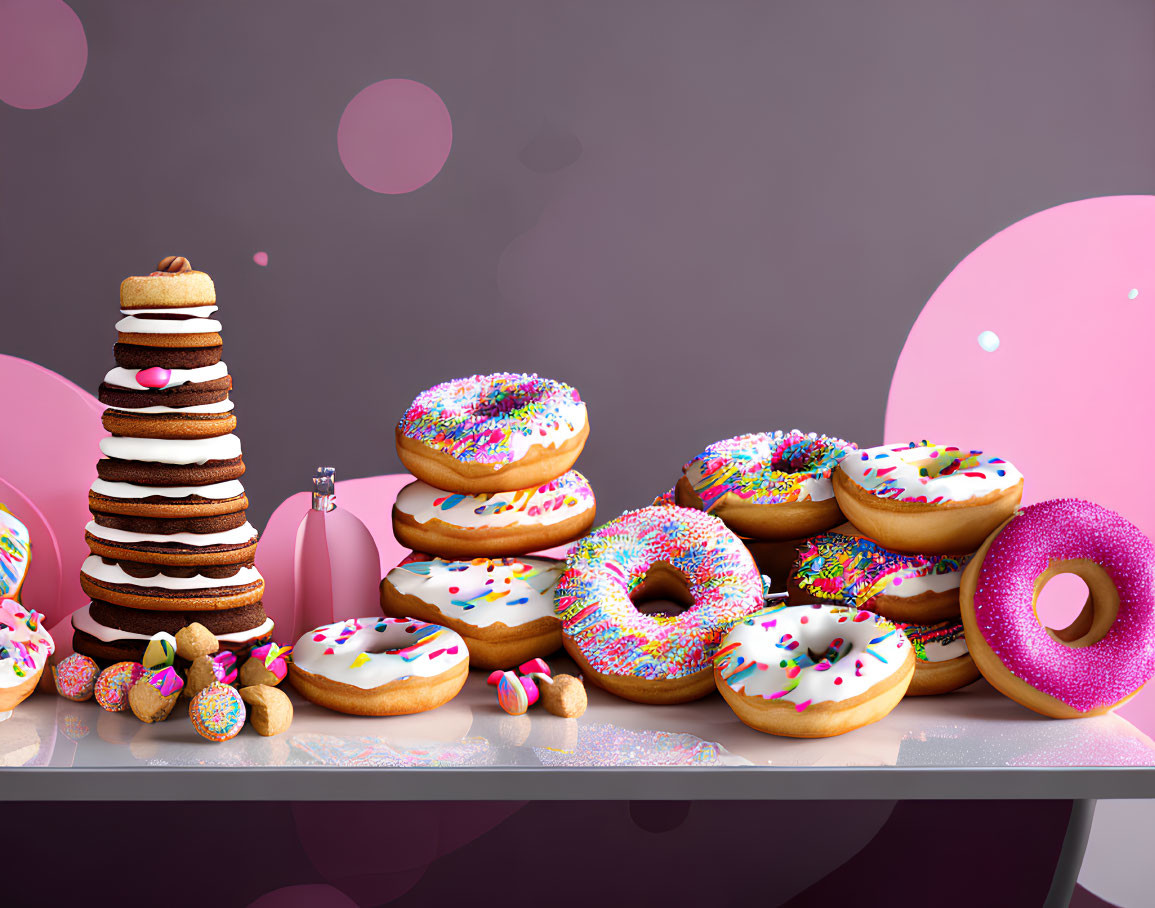 Assortment of Colorful Frosted Donuts, Tower of Cookies, and Macarons on