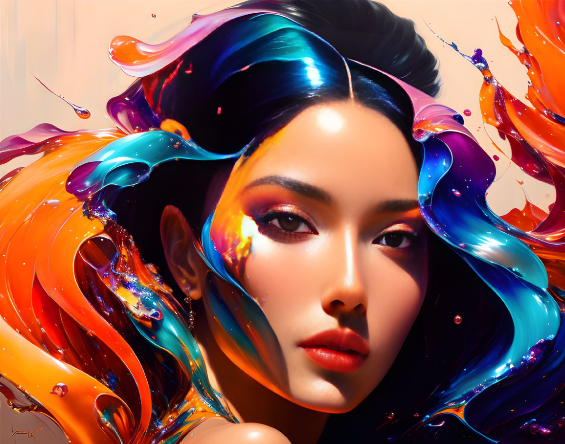 Colorful Digital Artwork: Woman with Flowing Hair and Liquid Swirls