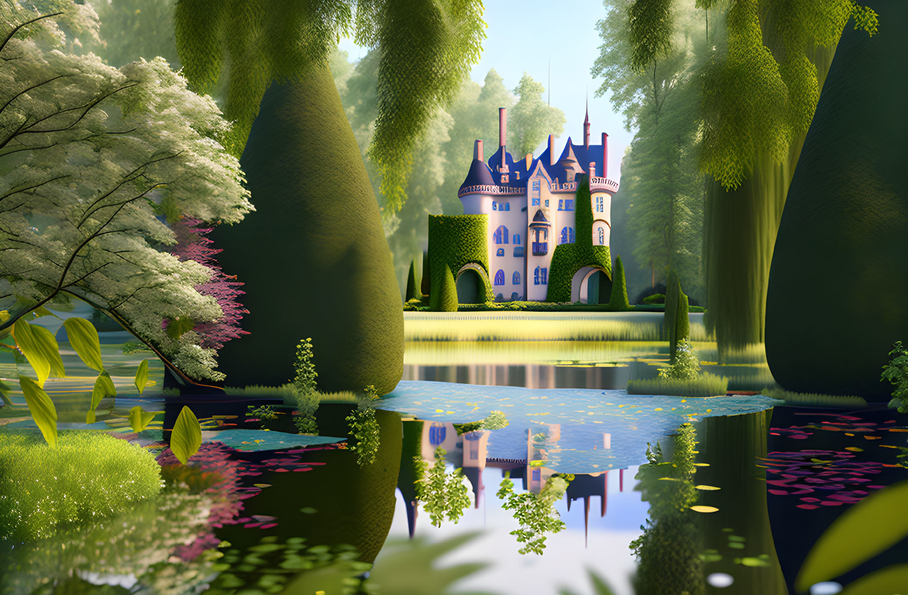 Majestic fairy-tale castle in serene forest setting