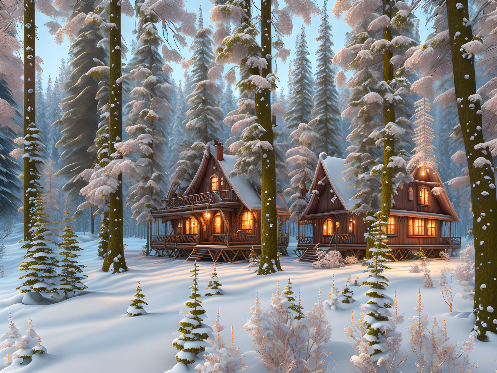 Snow-covered winter forest with cozy chalets and golden-lit windows