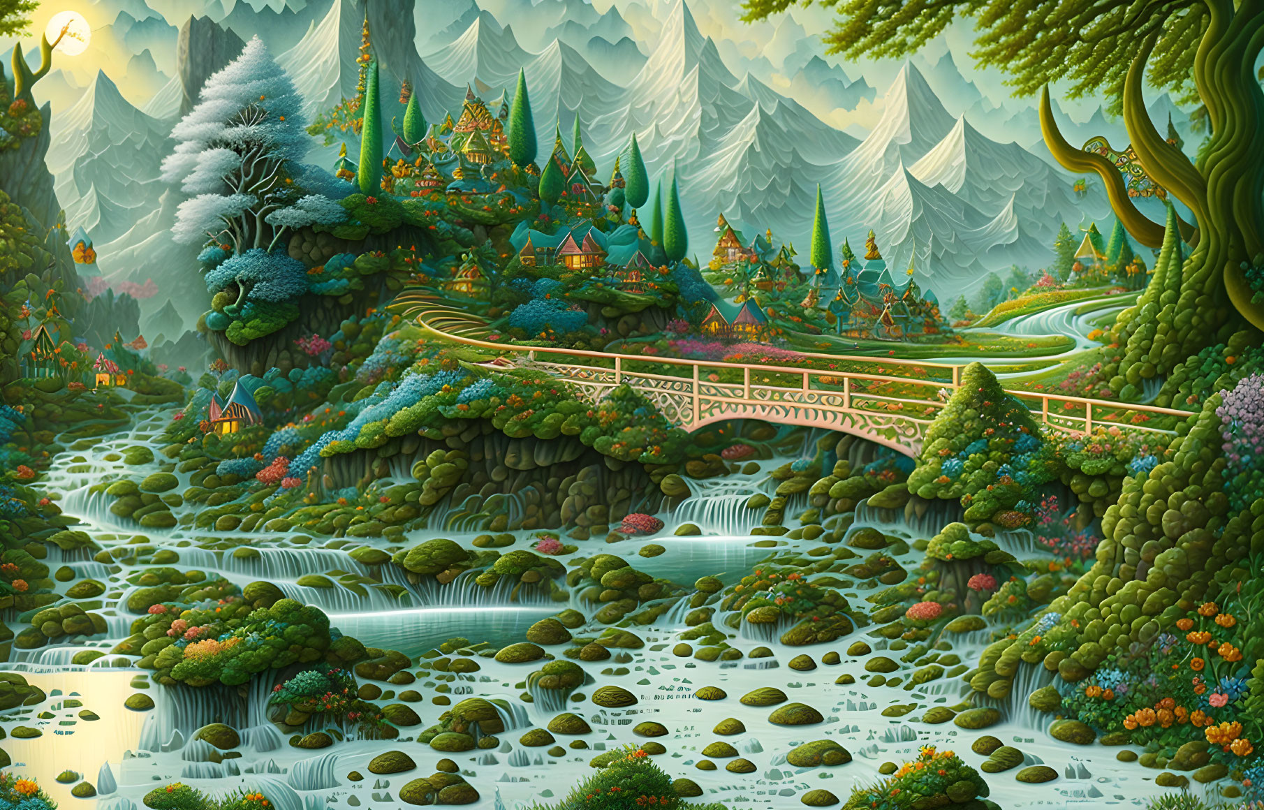 Detailed Fantasy Landscape with Waterfalls, Vegetation, Houses, and Mountains