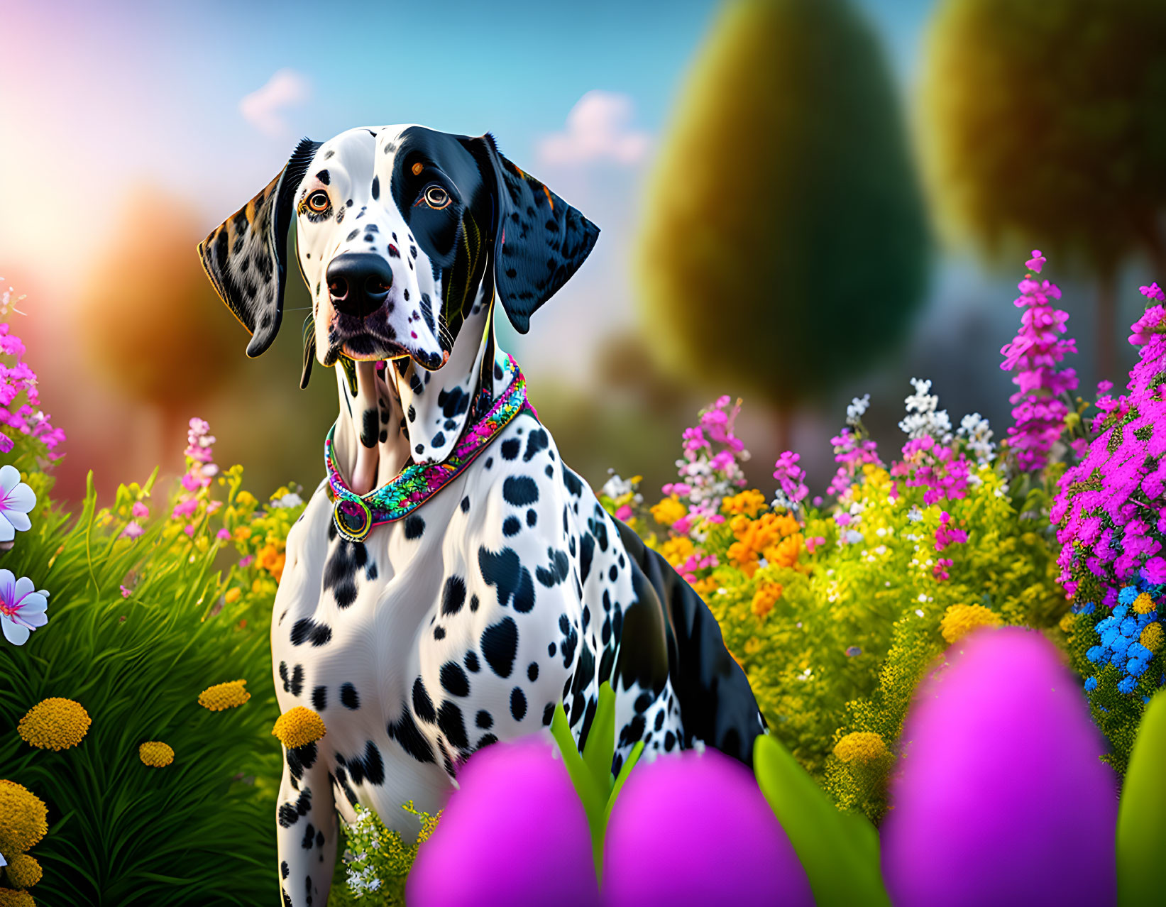 Dalmatian sitting in colorful flower field at sunset