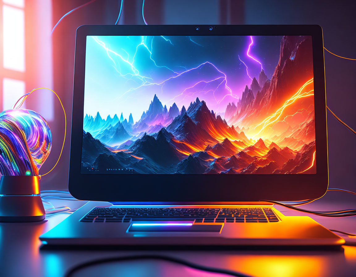 Vibrant Electric Mountains Wallpaper on Laptop with Colorful Light Device