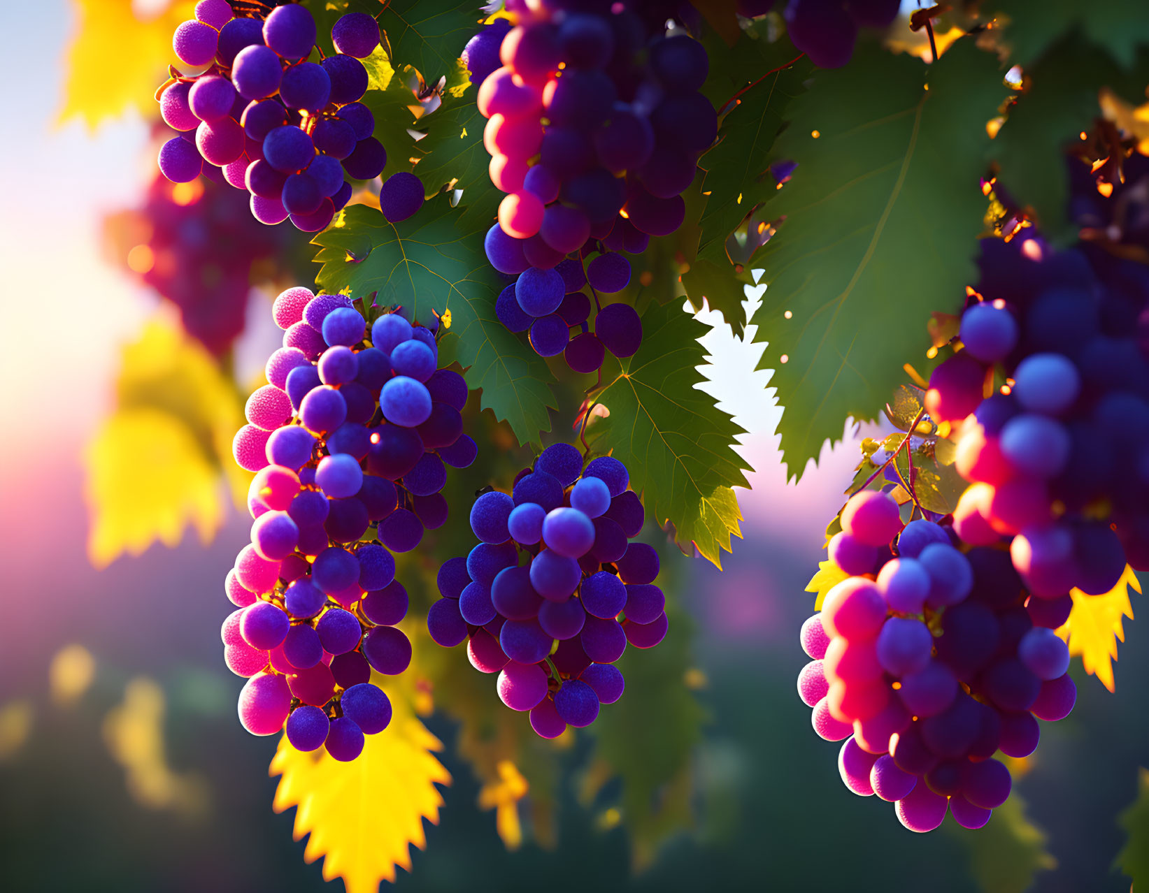 Ripe Purple Grapes Hanging on Vines in Sunset Setting